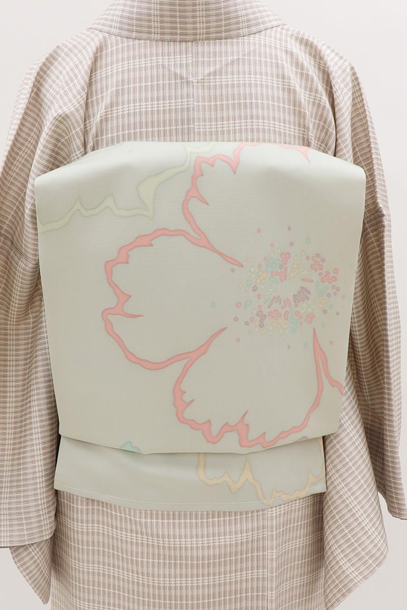 銀座【H-0298】塩瀬地 開き染名古屋帯 淡い水縹色 桜の図（落款入