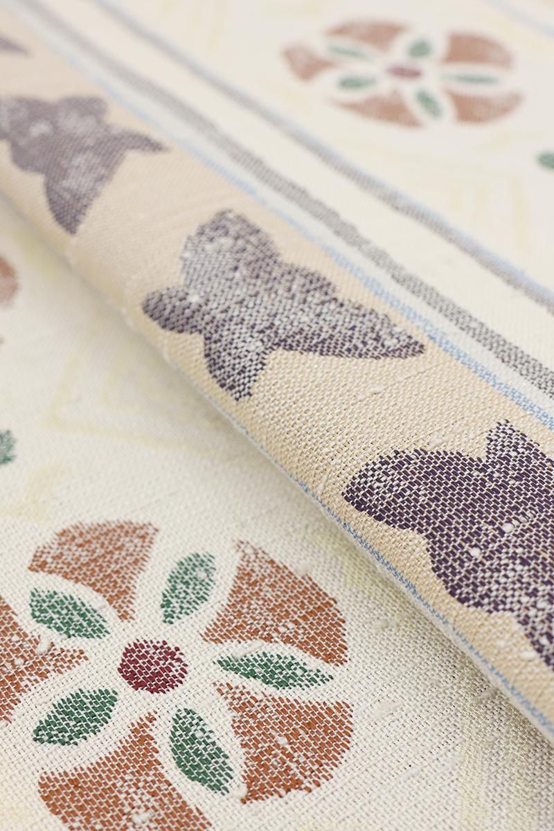 銀座【L-8096】洛風林製 紬地 洒落袋帯 乳白色 横段に唐草や華文など