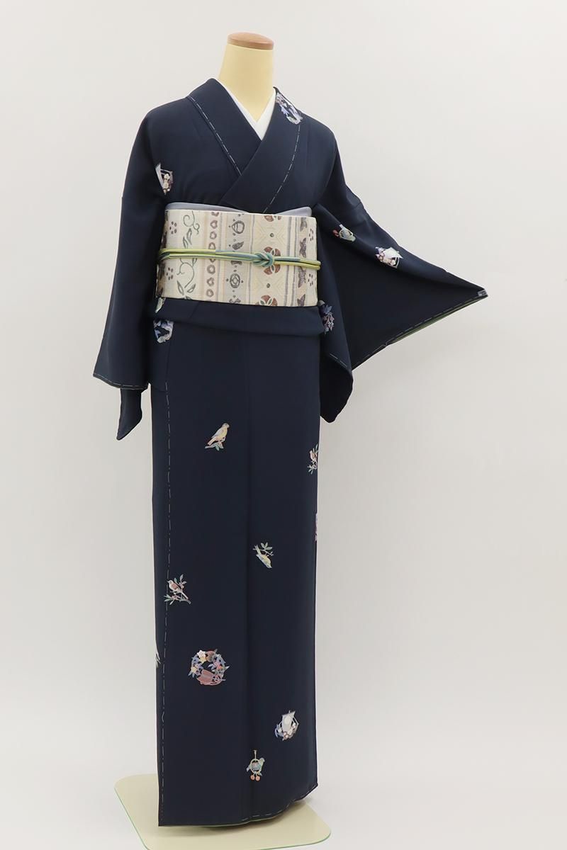 銀座【D-3718】小紋 青鈍色 鳥や花木の丸など :身丈157/裄67 - 銀座