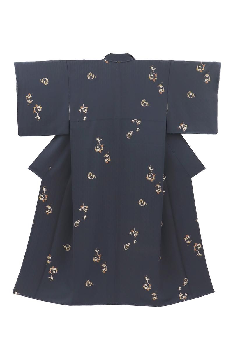 銀座【D-3690】小紋 紺鼠色 花の丸文 :身丈161.5/裄67.5 - 銀座きもの