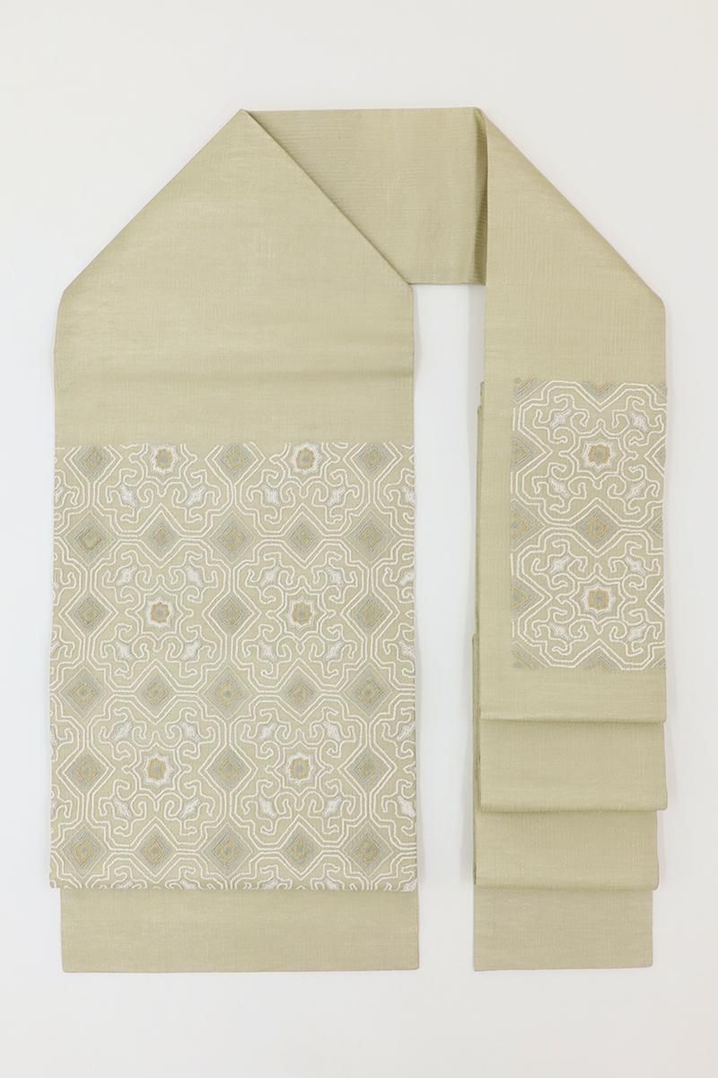 銀座【H-0366】夏 相良刺繍 名古屋帯 ねこやなぎ色 装飾幾何文 - 銀座