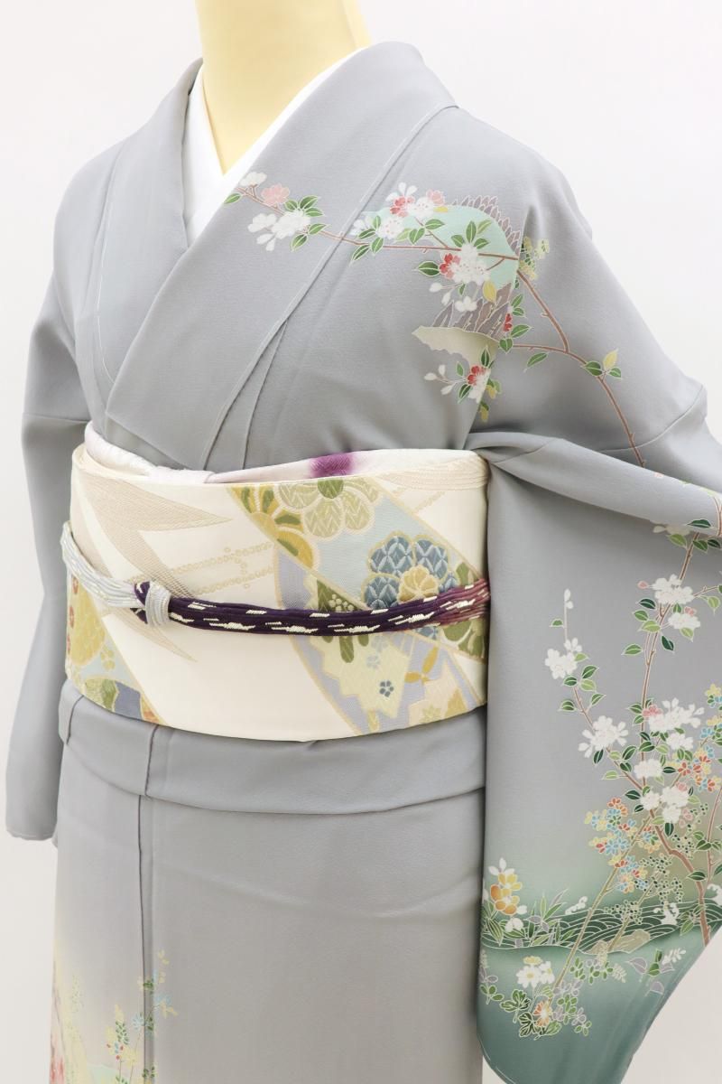 銀座【B-4072】友禅作家 仲野雅峰作 訪問着 淡い鳩羽鼠色 風景文（落款