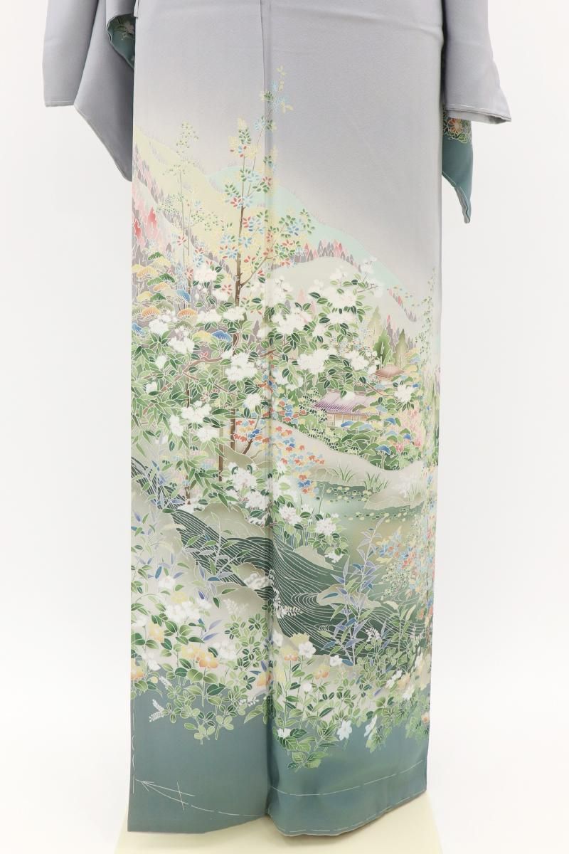 銀座【B-4072】友禅作家 仲野雅峰作 訪問着 淡い鳩羽鼠色 風景文（落款