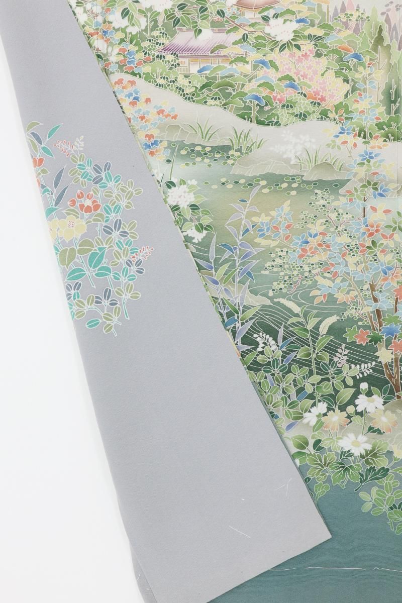 銀座【B-4072】友禅作家 仲野雅峰作 訪問着 淡い鳩羽鼠色 風景文（落款