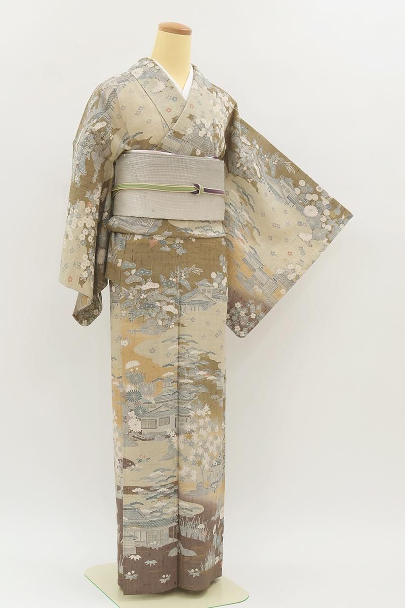 銀座【B-4078】京都しょうざん製 単衣 生紬地 訪問着 路考茶色 風景文