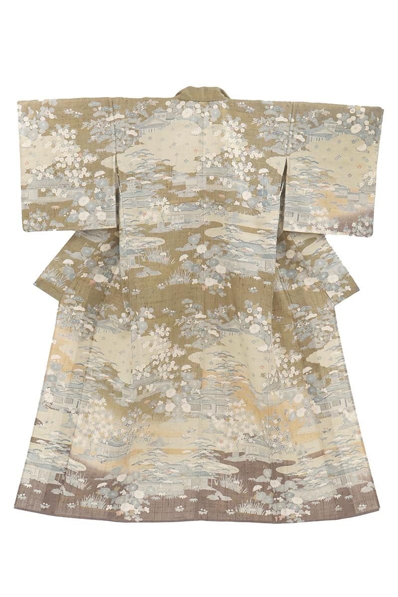 銀座【B-4078】京都しょうざん製 単衣 生紬地 訪問着 路考茶色 風景文