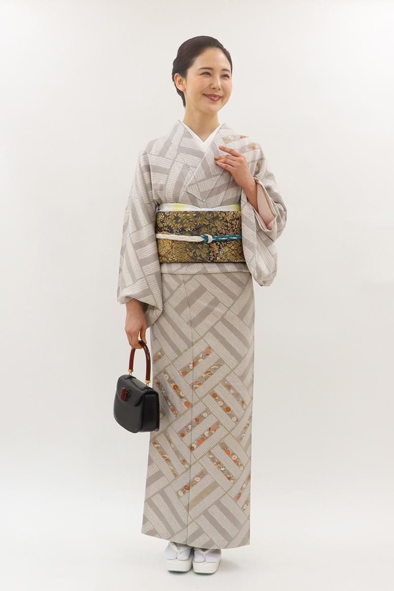 銀座【B-4045】繍一ッ紋 絞り染め 訪問着 銀鼠色 網代に四季花文 :身丈