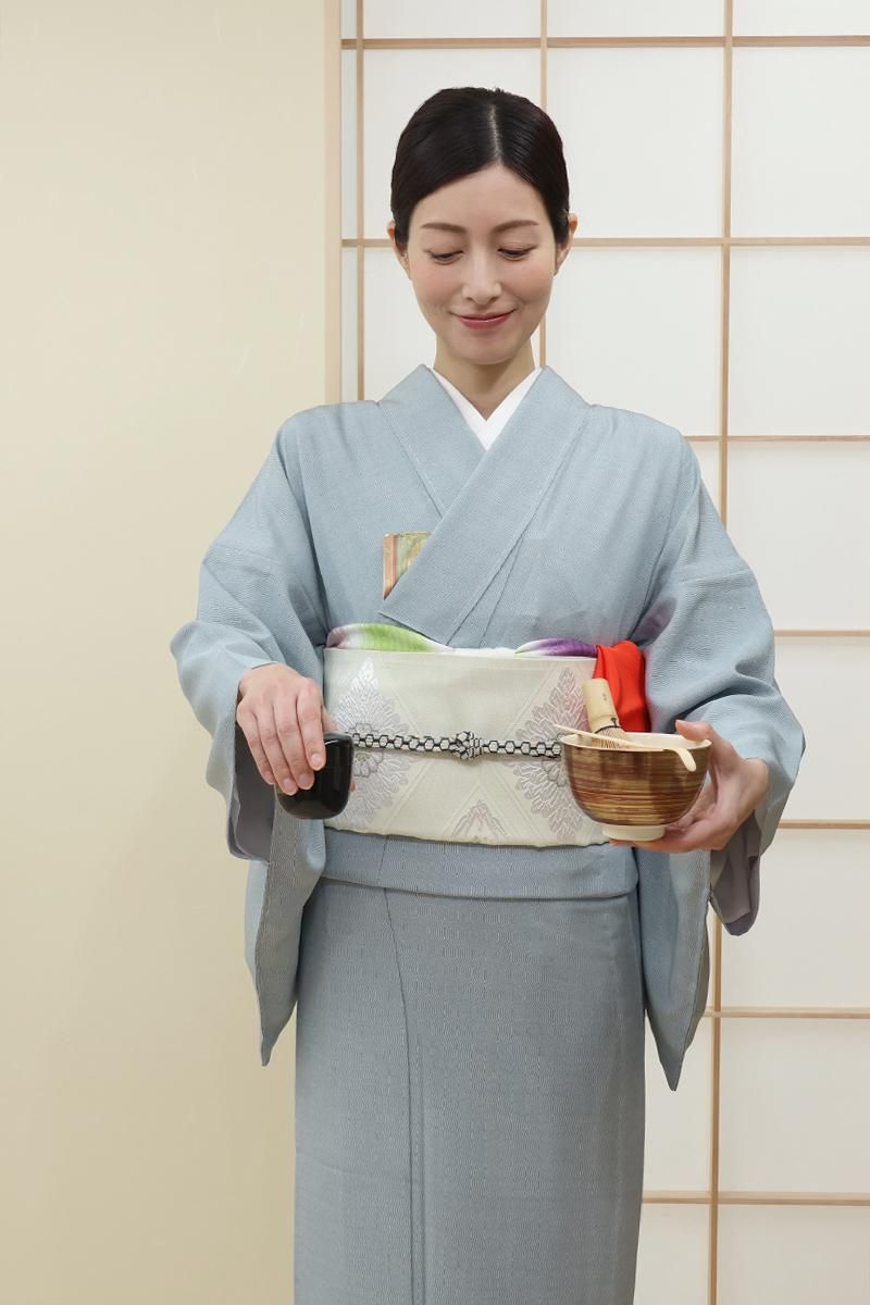 銀座【C-3161】単衣 両面染 江戸小紋 淡い露草色 よろけ縞（反端付