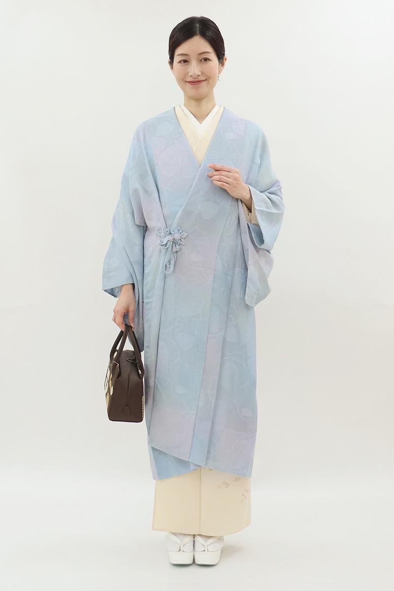 銀座【E-2240】紋紗 道中着 淡い淡群青色 斜め暈かしに葵の葉 :身丈