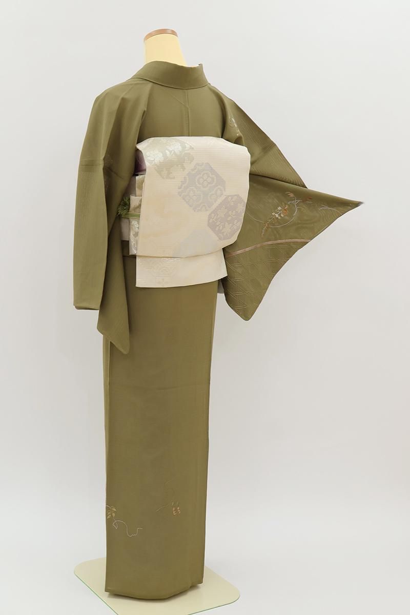 銀座【B-4117】変わり絽 蘇州刺繍 付下げ 鶸茶色 藤の図（反端付