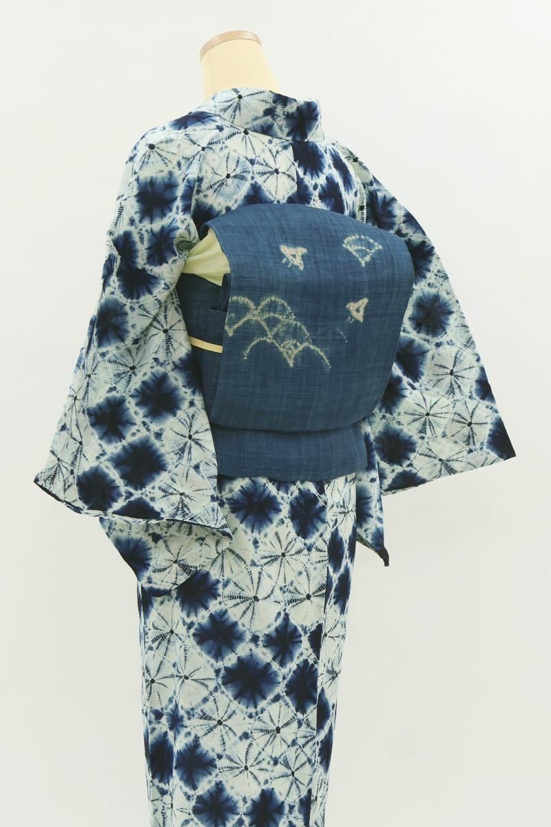 銀座【H-0493】麻地 染名古屋帯 濃縹色 波千鳥文 - 銀座きもの青木