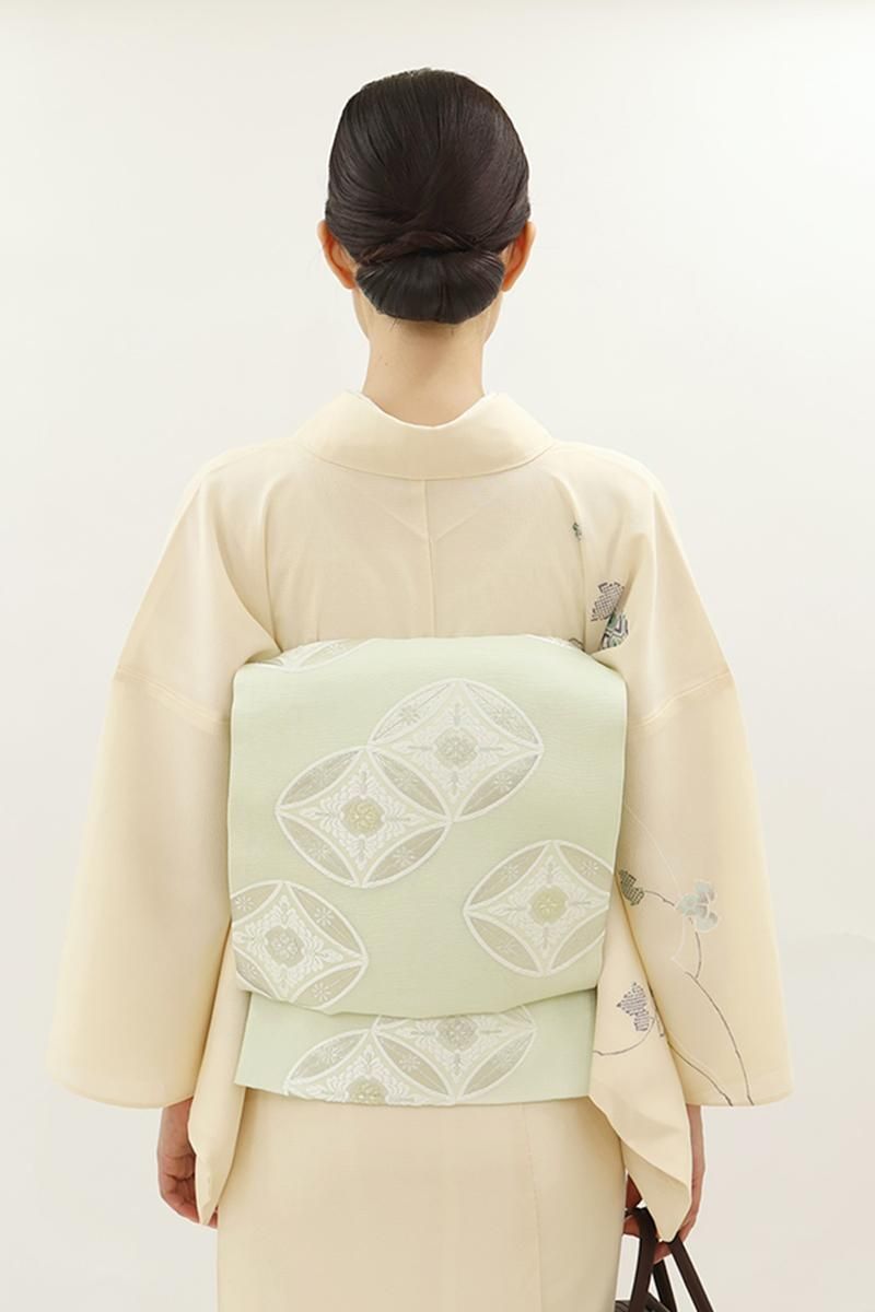 銀座【L-8220】西陣製 袋帯 淡い白緑色 七宝花菱文（証紙付・単衣向け