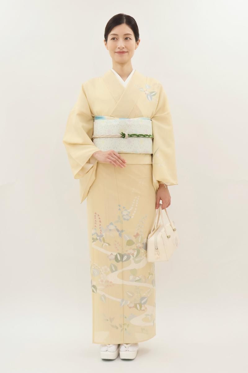 銀座【B-4121】絽 訪問着 クリーム色 流水に鴛鴦や四季花 :身丈162/裄