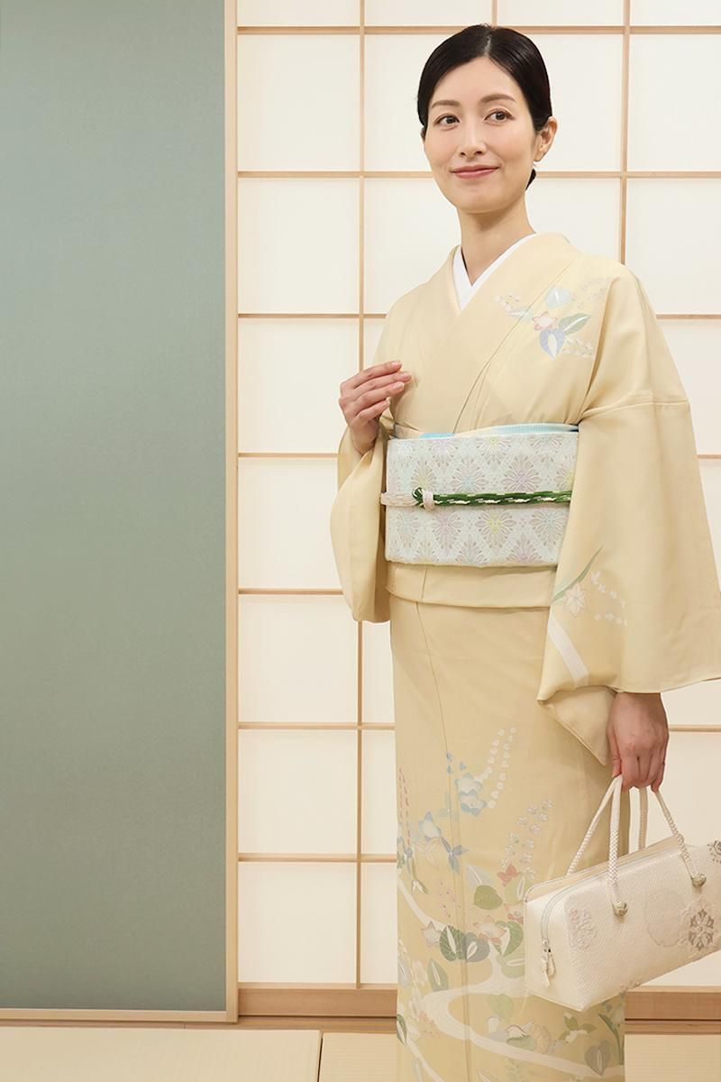 銀座【B-4121】絽 訪問着 クリーム色 流水に鴛鴦や四季花 :身丈162/裄