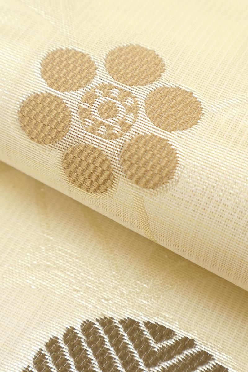 銀座【L-8217】西陣製 夏 袋帯 鳥の子色 横段暈かしに笹蔓文（証紙付