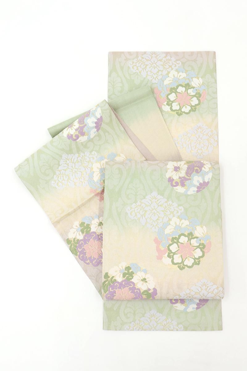 銀座【L-8214】夏 袋帯 多彩な横段暈かしに花菱や花の丸 - 銀座きもの