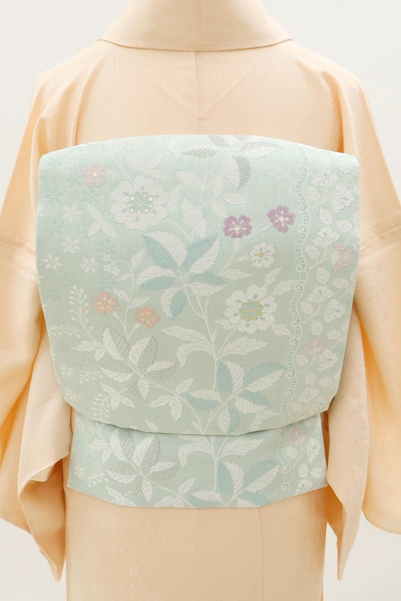 銀座【H-0513】西陣製 織名古屋帯 水縹色 花唐草文（証紙付）（N