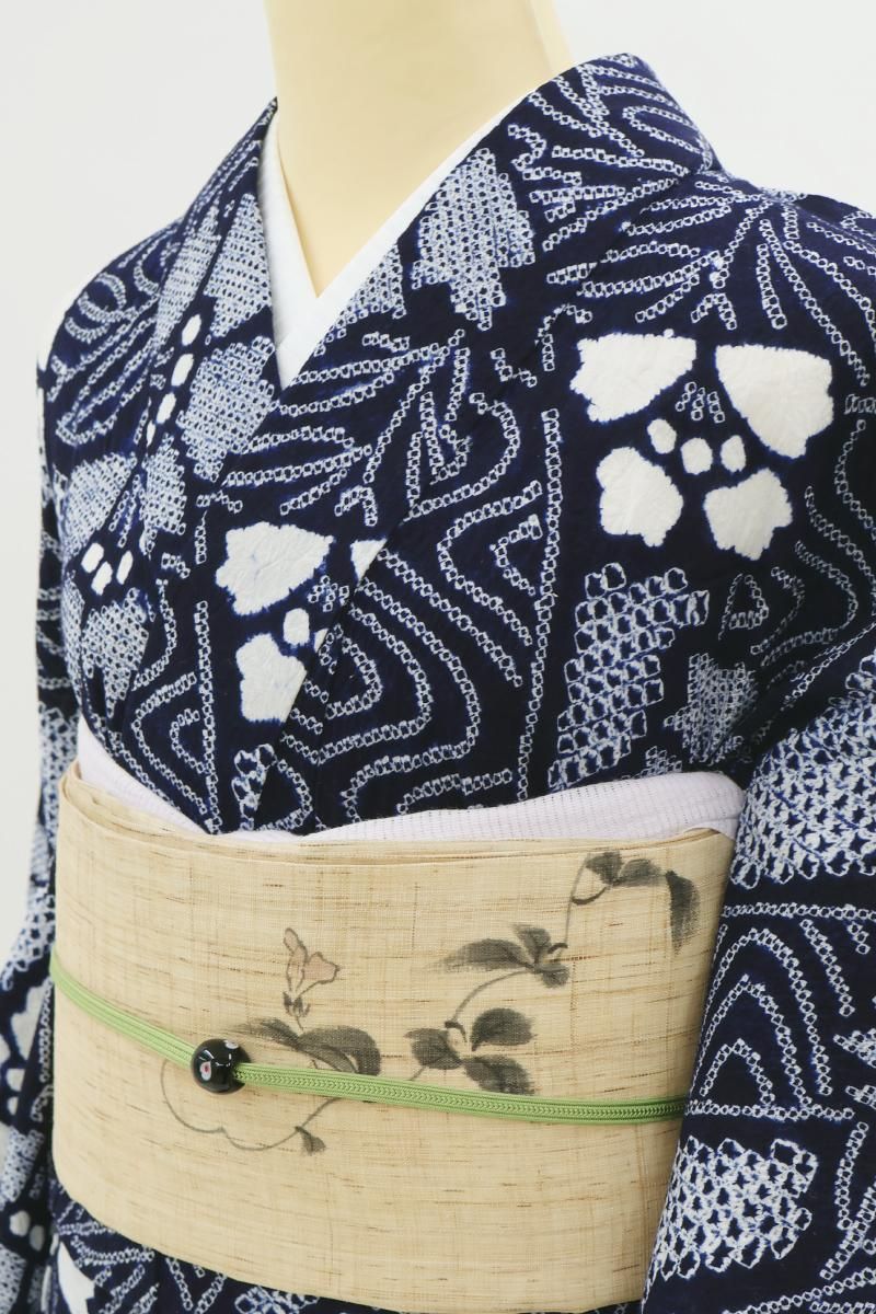 銀座【D-3812】有松鳴海絞り 木綿地 浴衣 紺色 花の図（反端付） :身丈