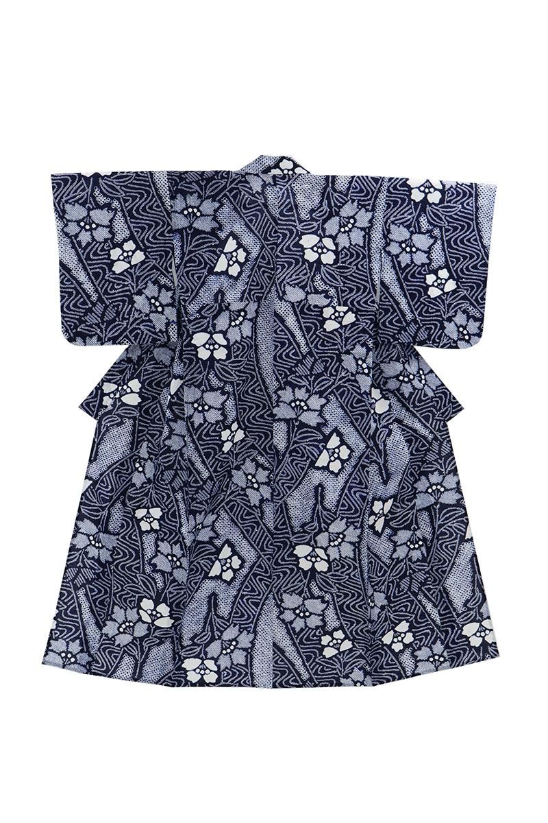 銀座【D-3812】有松鳴海絞り 木綿地 浴衣 紺色 花の図（反端付） :身丈