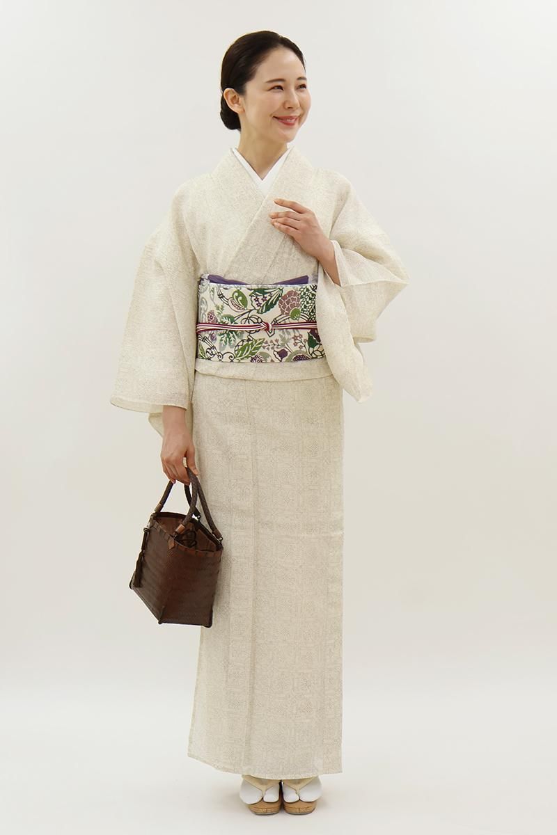 銀座【A-4094】本場小千谷縮 乳白色 装飾文（反端付・銀座松屋扱い