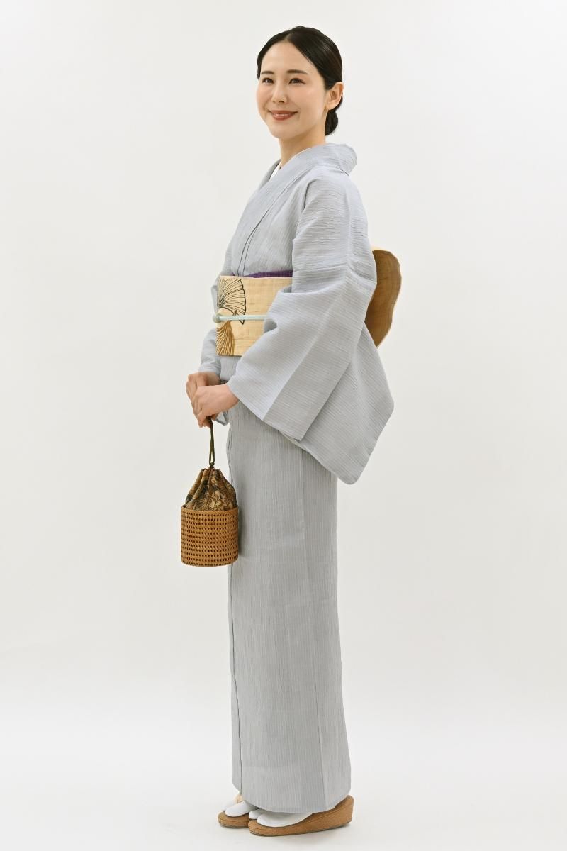 銀座【A-4087-1】近江ちぢみ 淡い灰青色 竪縞（反端付）（N） :身丈162