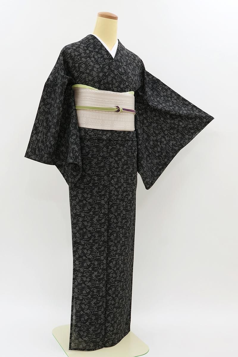 銀座【C-3222】伝統工芸士 廣瀬雄望作 絽 江戸小紋 黒色 波千鳥（落款