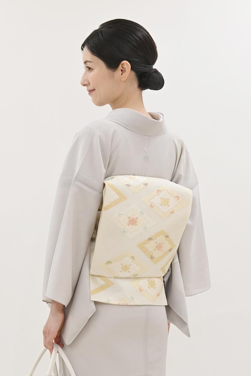 銀座【L-8301】西陣 藤原製 夏 本袋帯 明るい乳白色 花菱文（落款入