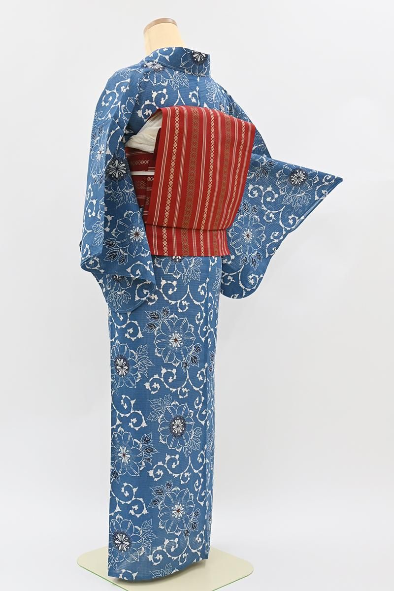 銀座【D-3874】竺仙製 綿紅梅 浴衣 紺碧色 鉄線の図（反端付） :身丈