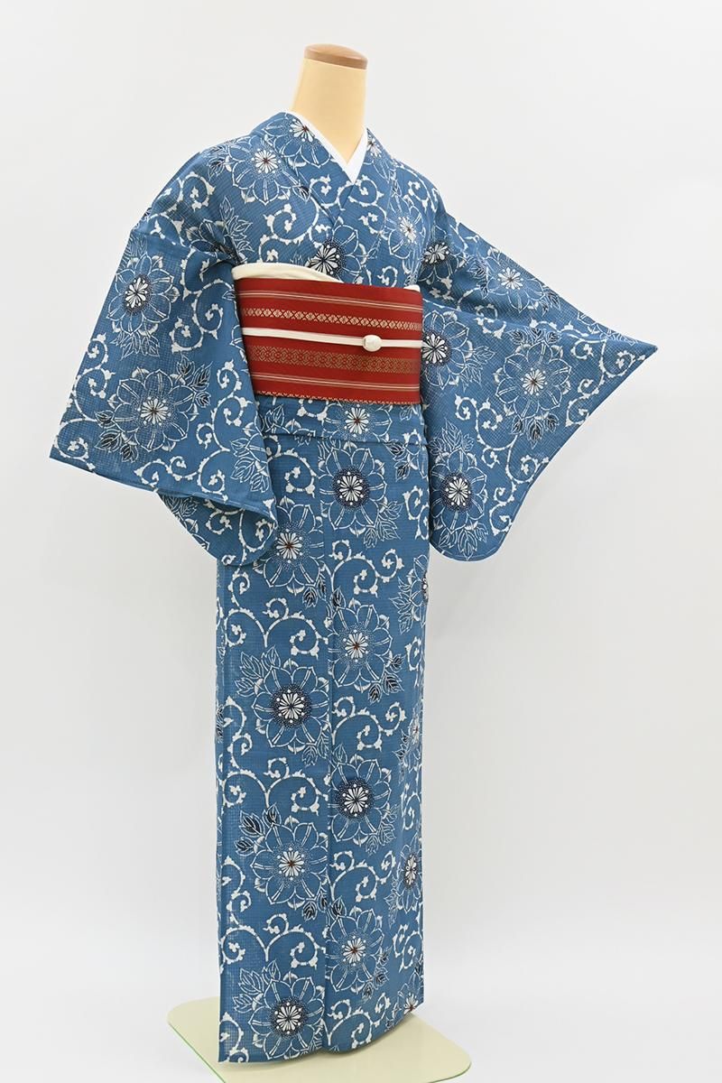 銀座【D-3874】竺仙製 綿紅梅 浴衣 紺碧色 鉄線の図（反端付） :身丈