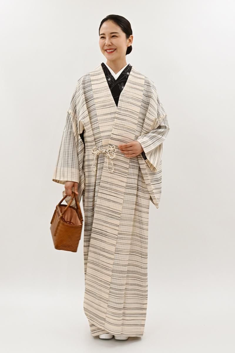 あおき【E-2279】染の北川製 紋紗 道中着 薄香色 横段（反端付） :身丈