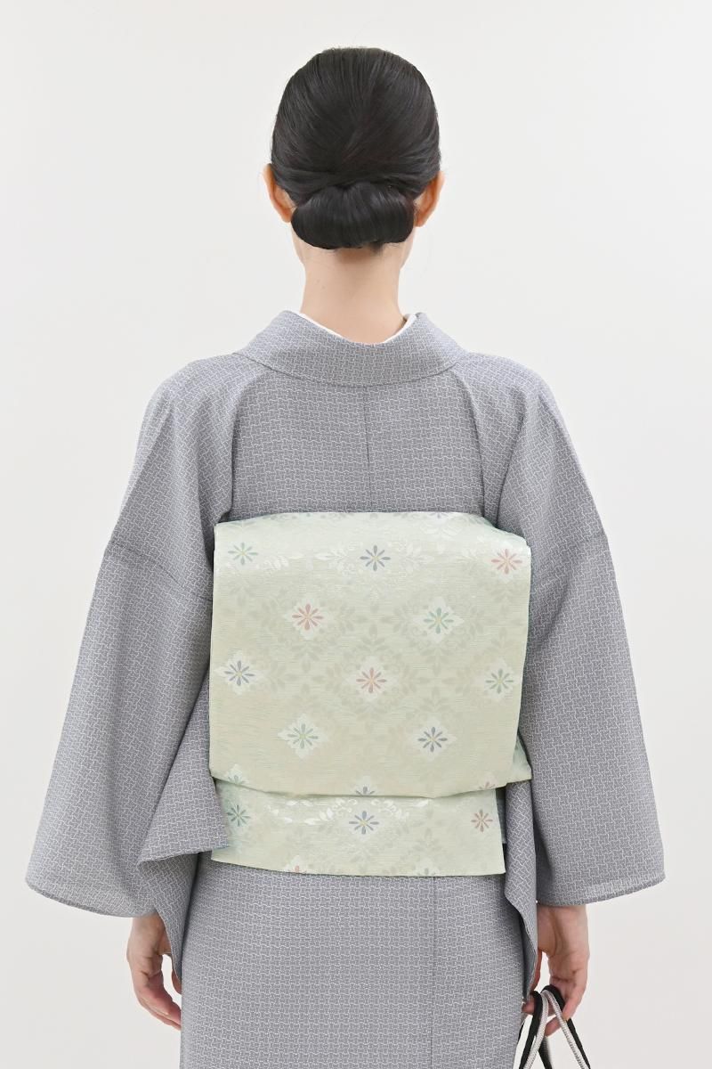 銀座【L-8319】西陣 洛陽織物製 絽 袋帯 淡い青白橡色 花菱文（落款入