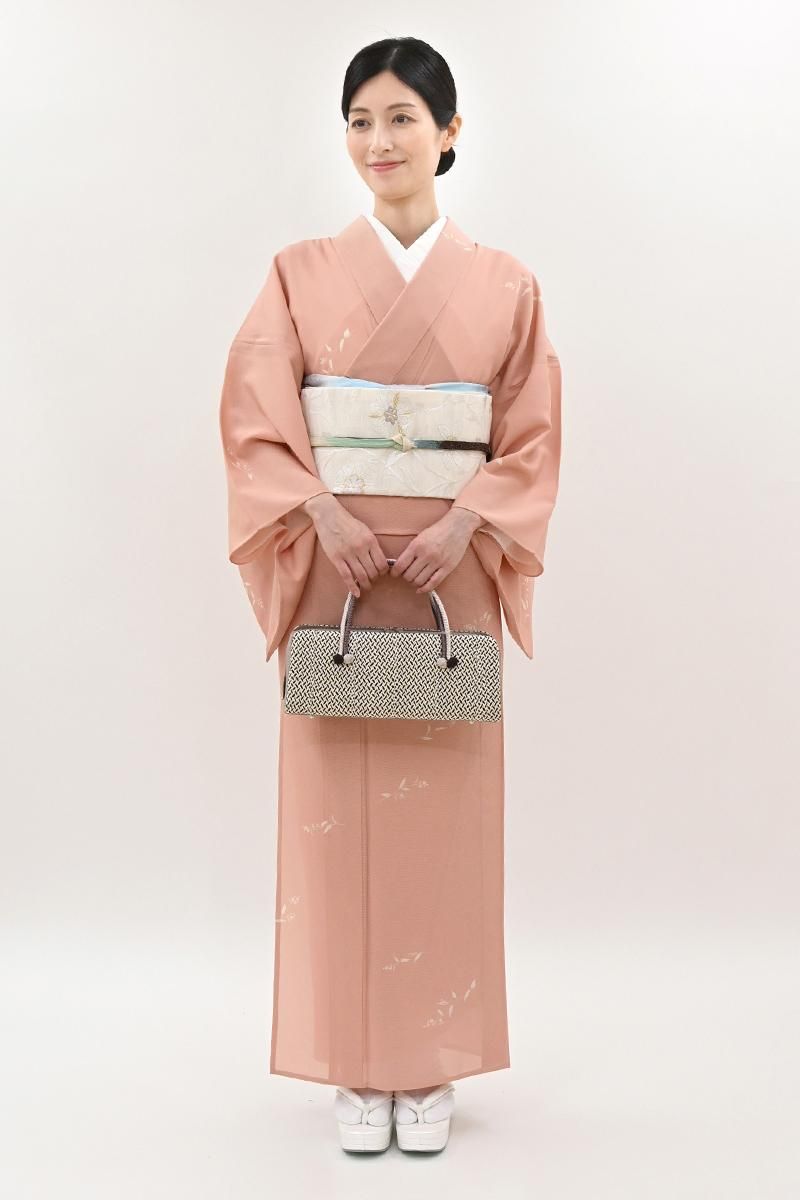 あおき【D-3846】絽 小紋 鮭色 花の図 :身丈162/裄66 - 銀座きもの青木