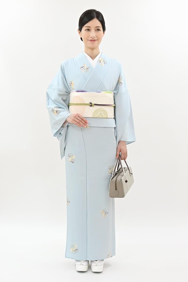 銀座【D-3881】単衣 小紋 淡いわすれなぐさ色 葵の丸（反端付）（N