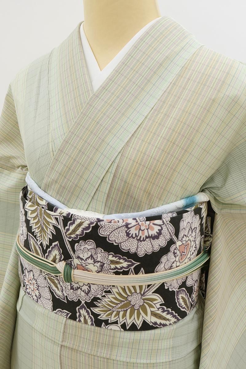 銀座【A-4151】夏 本場縞大島紬 白緑色 格子文（証紙付） :身丈161.5