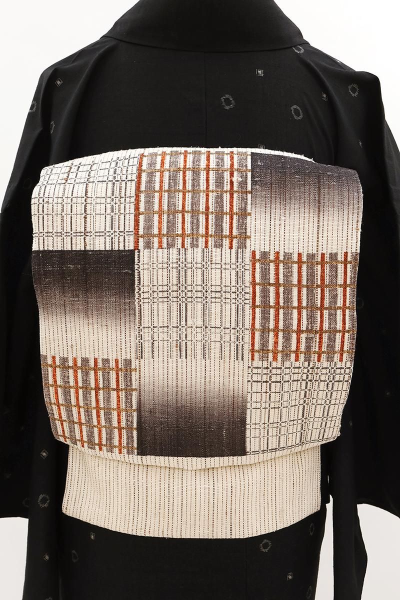 銀座【H-0708】京都しょうざん製 生紬地 染名古屋帯 乳白色 幾何文（反