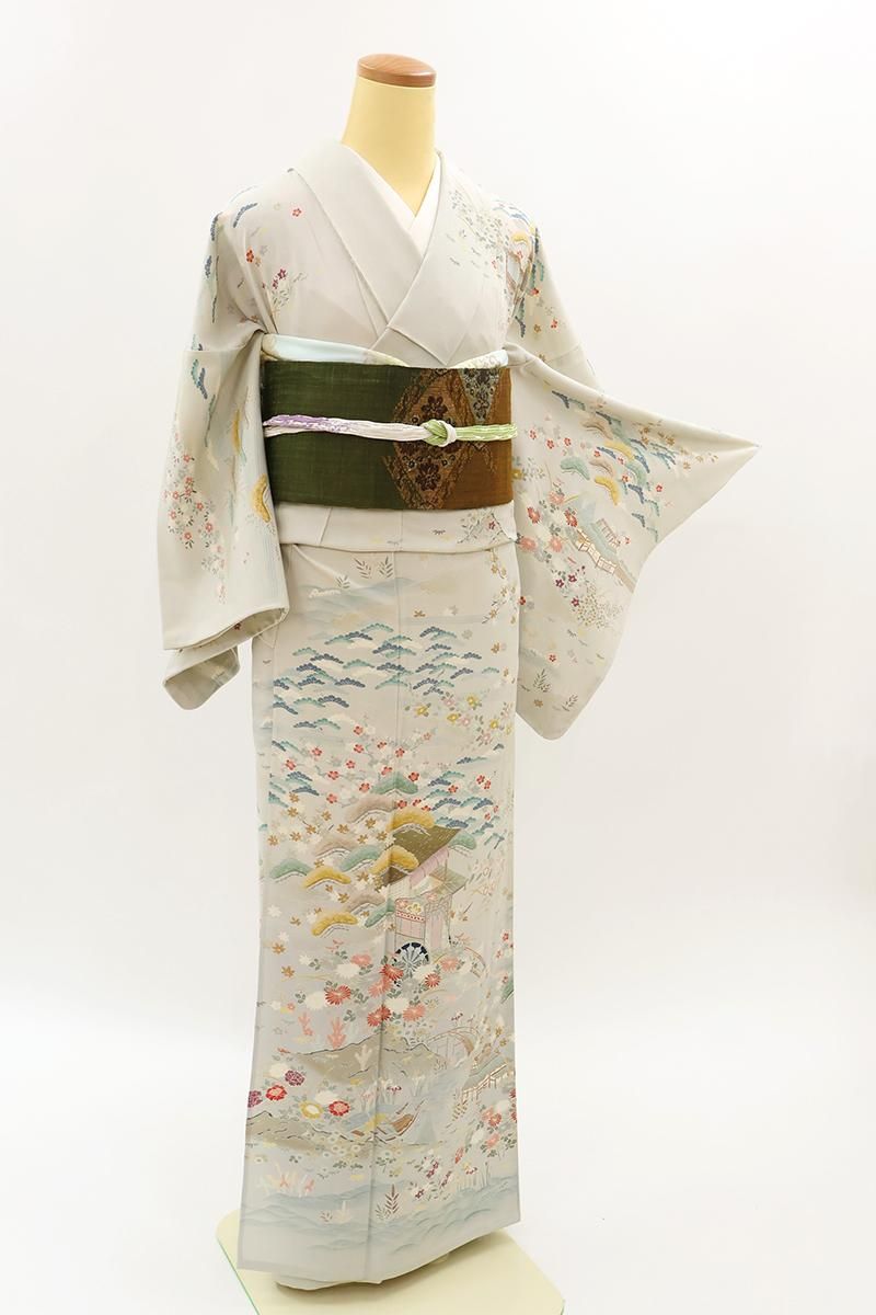 銀座【B-4232】単衣 訪問着 灰白色 御所解文（反端付・落款入） :身丈