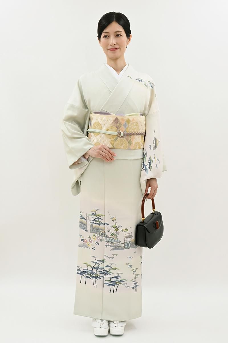 銀座【B-4224】二代目 上野為二作 訪問着 淡い白緑色 風景文（落款入