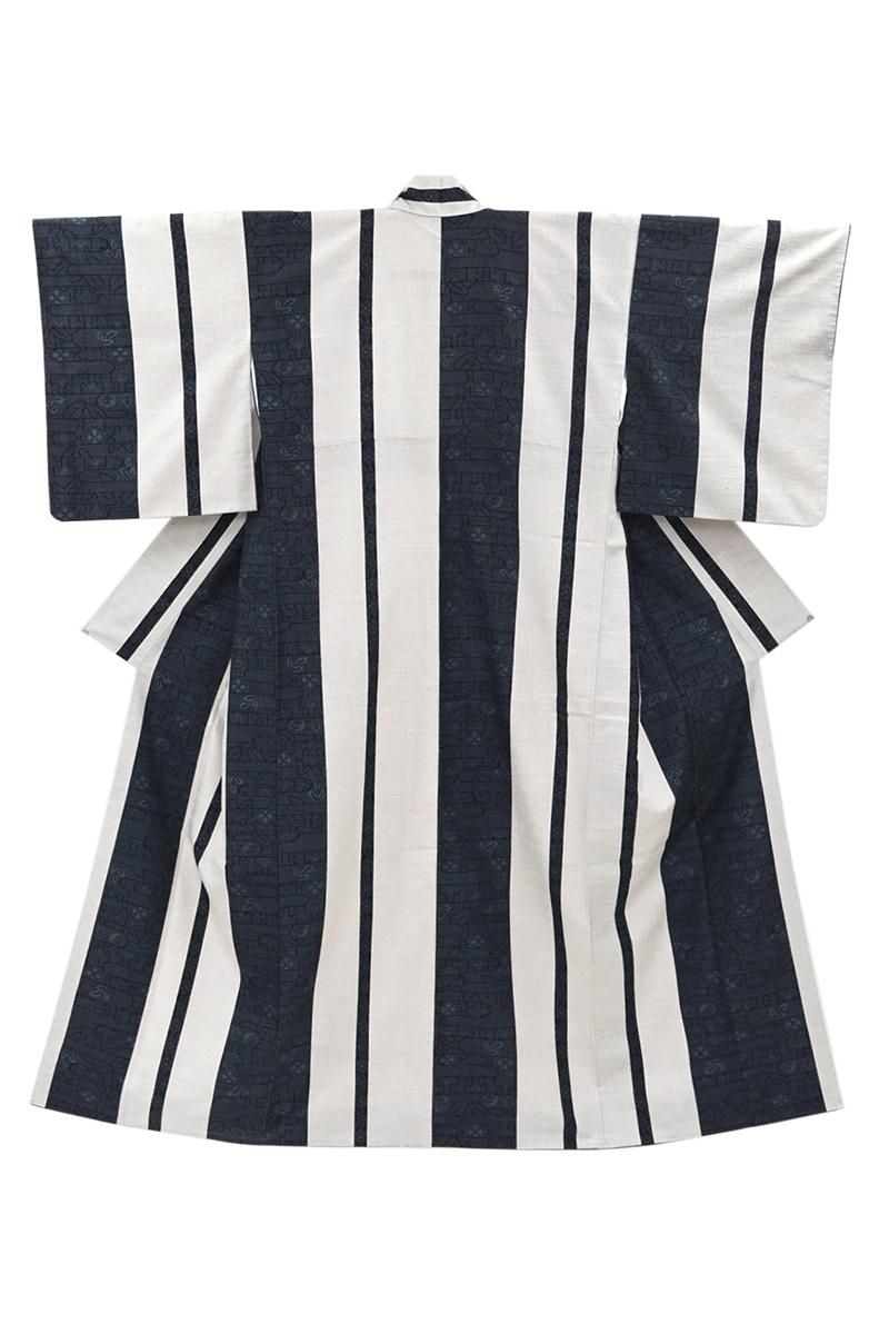 銀座【A-4175】塩沢紬 深い群青色×乳白色 竪縞に装飾文（証紙付