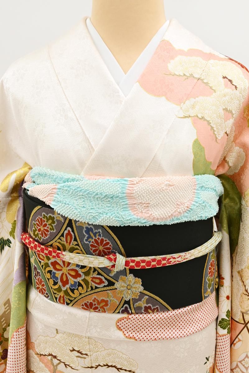 銀座【L-8445】西陣 本家加納製 袋帯 黒色 七宝花菱文（落款入