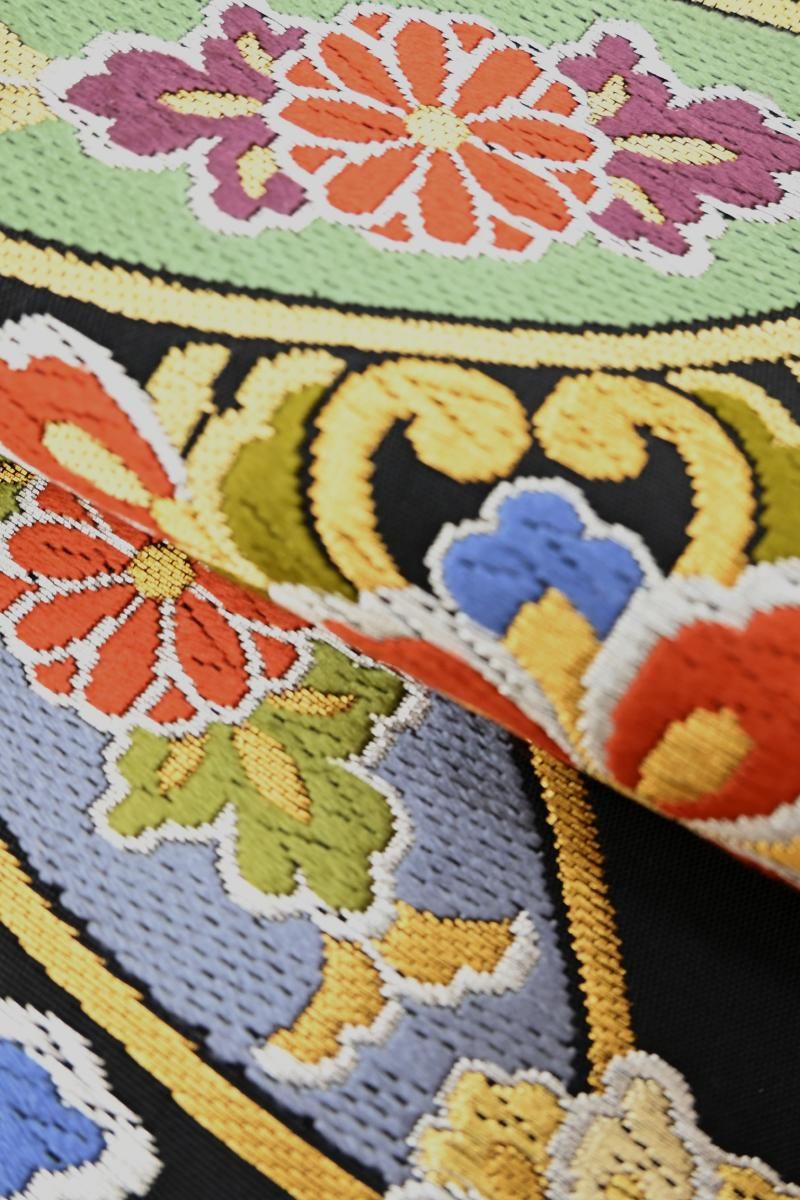 銀座【L-8445】西陣 本家加納製 袋帯 黒色 七宝花菱文（落款入