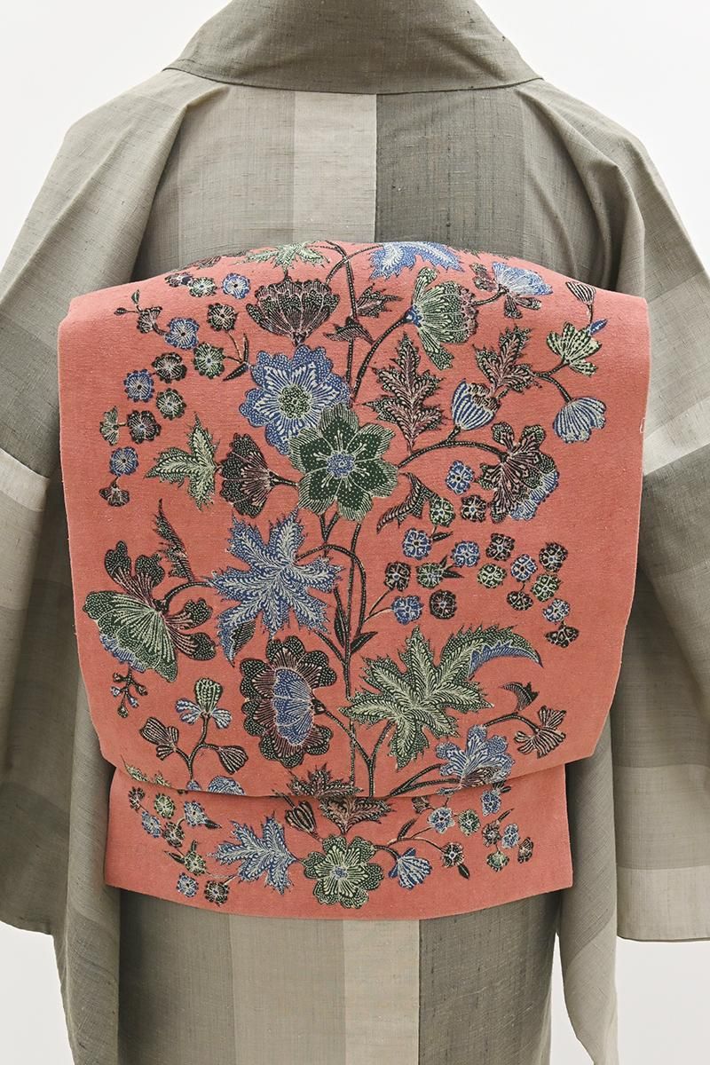 銀座【H-0765】Reisia 染名古屋帯 長春色 更紗花文（反端付） - 銀座