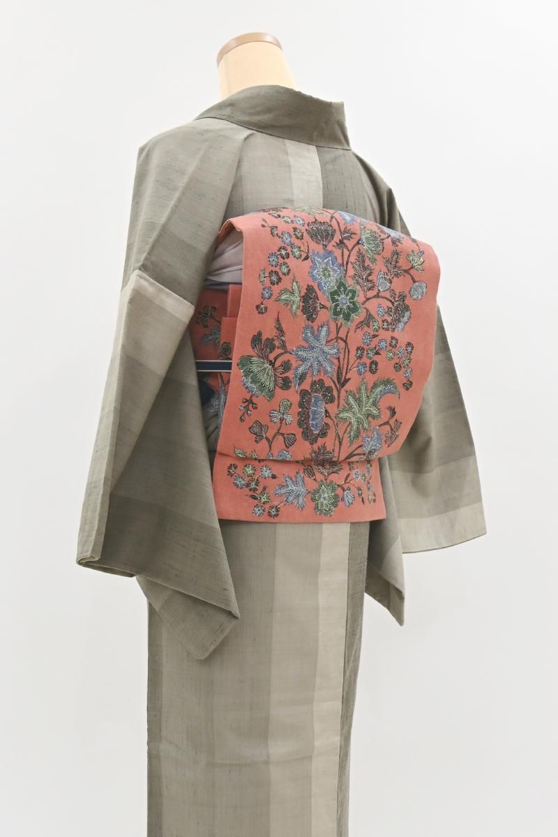 銀座【H-0765】Reisia 染名古屋帯 長春色 更紗花文（反端付） - 銀座