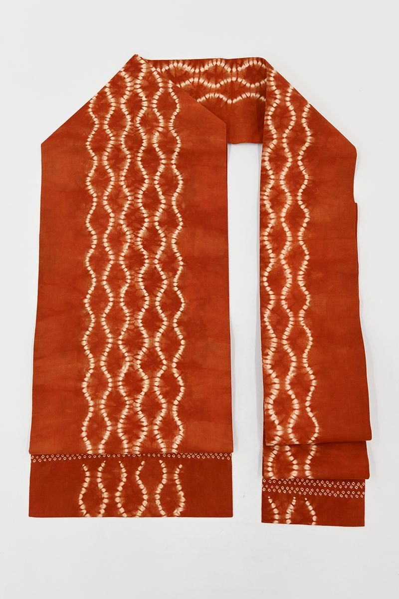 銀座【H-0768】草紫堂製 南部絞茜染 木綿地 名古屋帯 朱色 立涌文