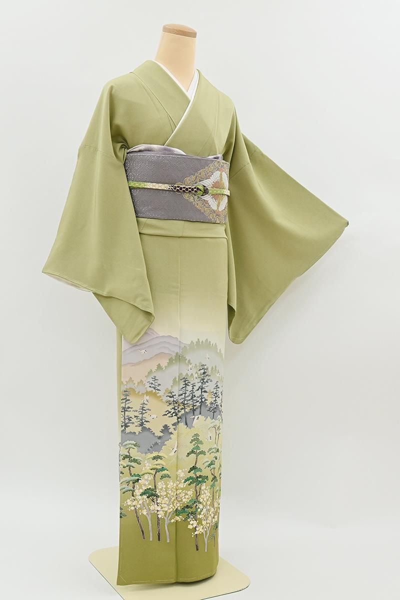 銀座【B-4256】本加賀友禅 星野高志作 染三ッ紋 色留袖 抹茶色 「静山