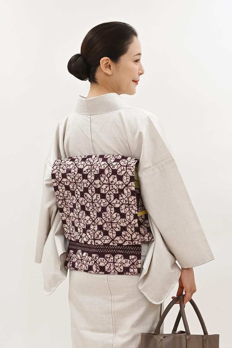 銀座【H-0758】草紫堂製 南部絞紫根染 木綿地 二部式 名古屋帯 紫根色