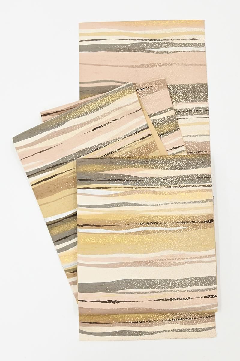 銀座【L-8460】白山工房製 牛首紬地 洒落袋帯 薄香色 横段に切箔散らし