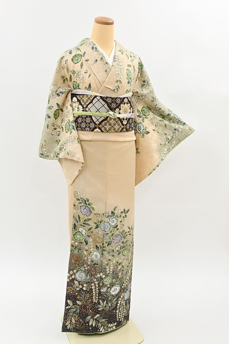 銀座【B-4275】絞り染め 訪問着 クリーム色 裾暈かしに辻が花文（落款