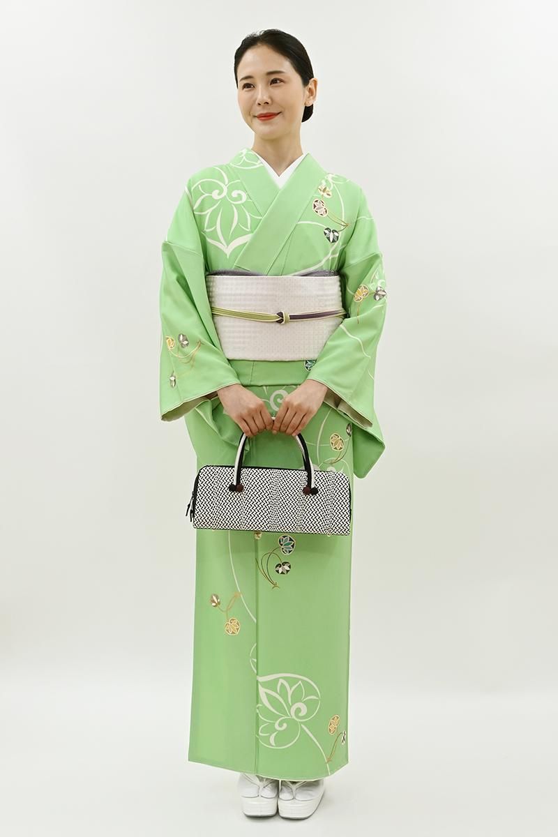 銀座【D-3921】小紋 若緑色 葵の図:身丈158/裄68/広め - 銀座きもの