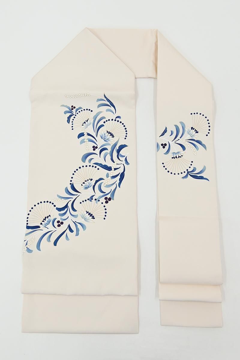 銀座【H-0778】塩瀬地 染名古屋帯 淡い薄香色 更紗花文(反端付) - 銀座