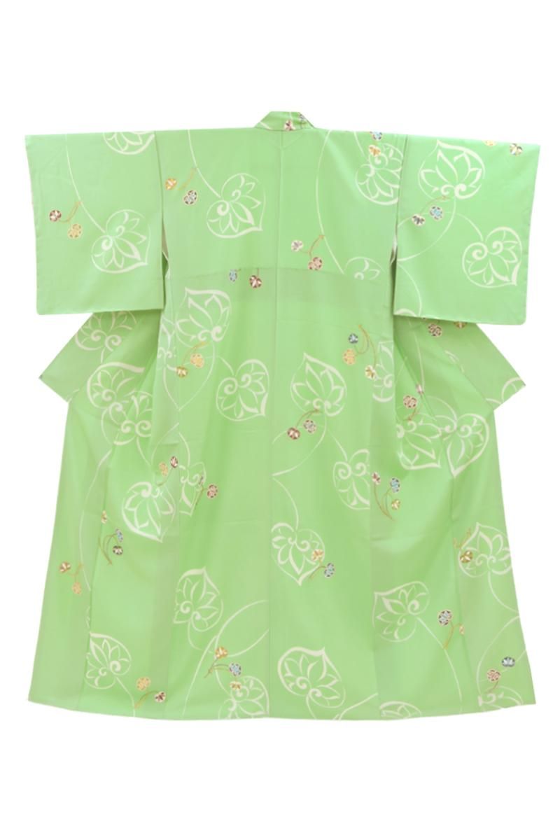 銀座【D-3921】小紋 若緑色 葵の図:身丈158/裄68/広め - 銀座きもの